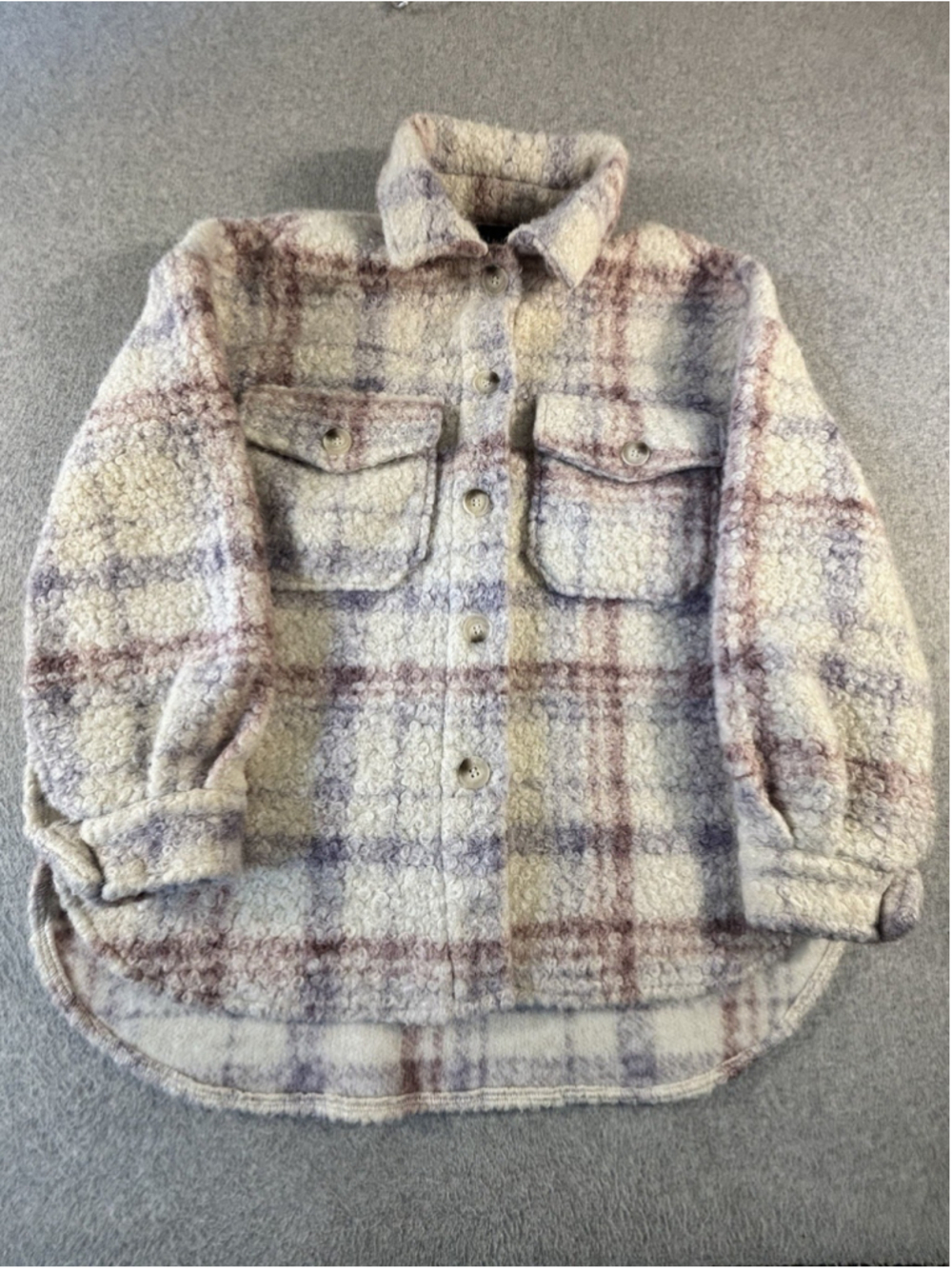 Timing Womens Plaid Boucle Shacket Small Cream Pink Gray Oversized Fleece